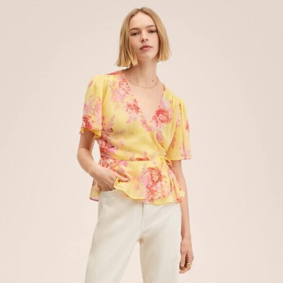 Mango Womens Romance Flowy Wrap Blouse Floral Print Size 4 - Picture 1 of 10